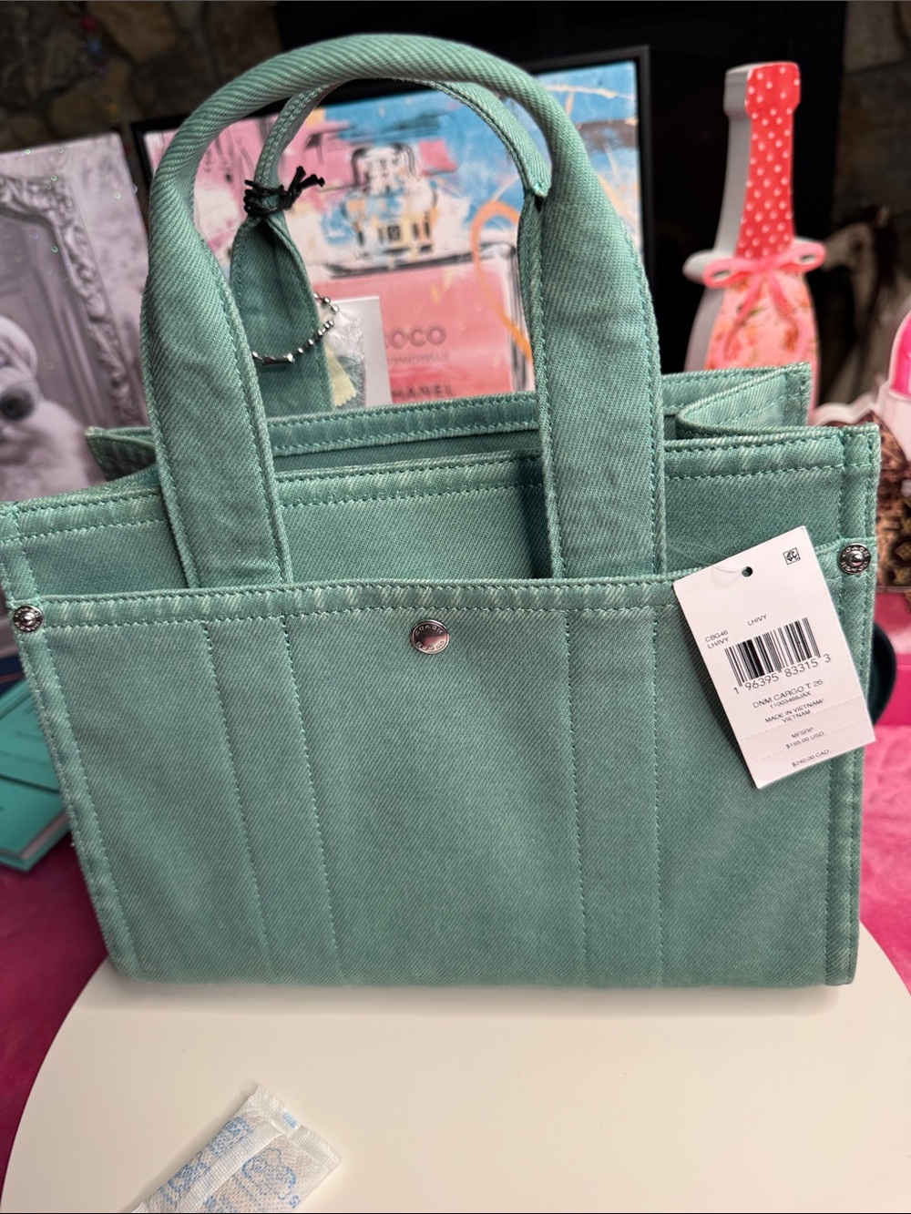 Coach 2557 Teal Denim Cargo Tote CBG46 Turnlock Snap Pockets Green Interior NWT - Picture 12 of 12